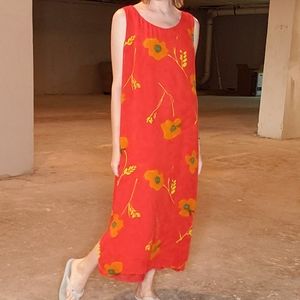 Y2K Neon Orange Midi Dress with Flowers